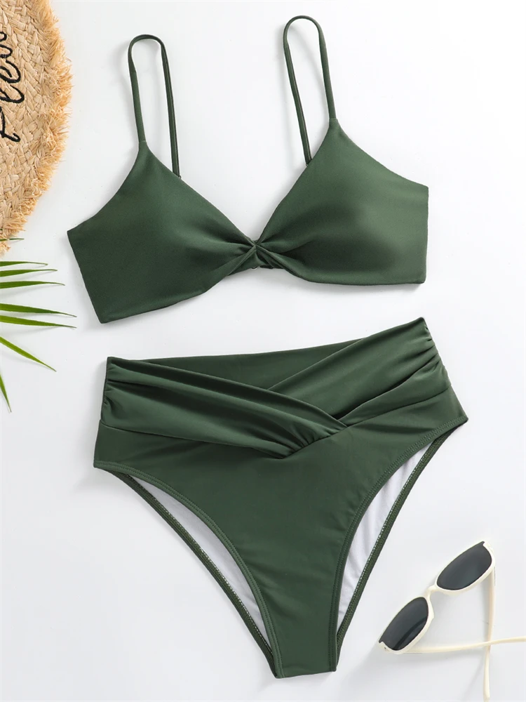 Micro Bikini Sexy Women Swimsuit 2024 New Solid Ruched Bikinis Set High Waist Swimwear Summer 2 Piece Beach Bathing Suit Female