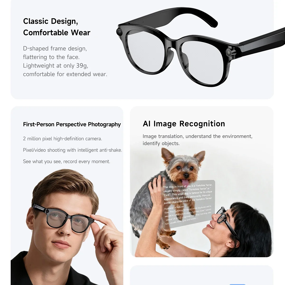 Smart Glasses with 2 Megapixel Camera AI Voice Real-Time Translation Type-C Voice Calls And Music Player Intelligent Sunglasses