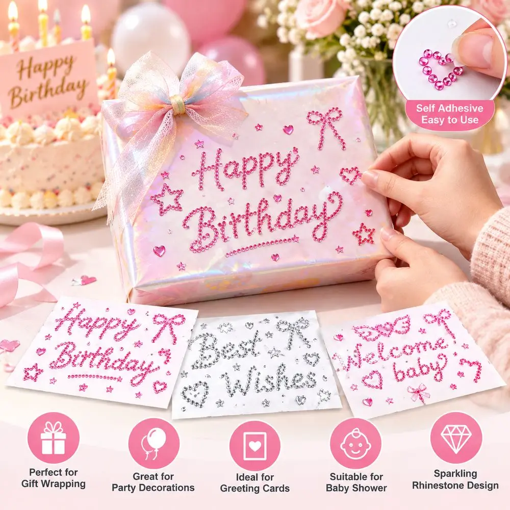 Self Adhesive Rhinestone Stickers Heart And Star Pattern Letter Message Stickers Sparkle Finish Multiple Color Options