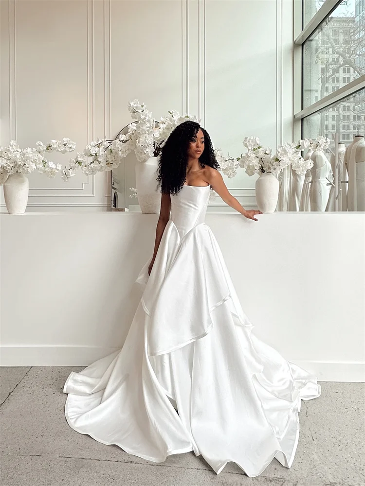 Customized New Arrival Strapless Boat Neckline Satin A-Line Wedding Dress Lace-up Back Floor Length Sweep Train Gown for Bride