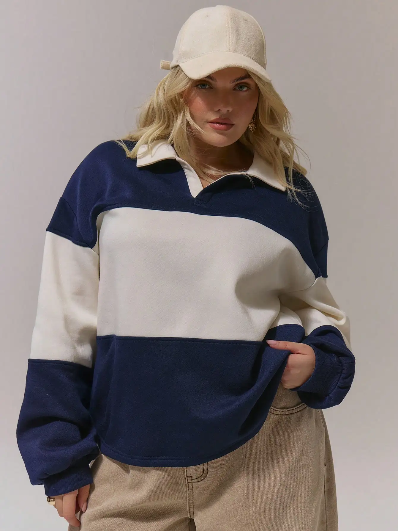 

Plus Size Color Block Rugby Sweatshirt for Women, Loose Fit Long Sleeve Casual Top