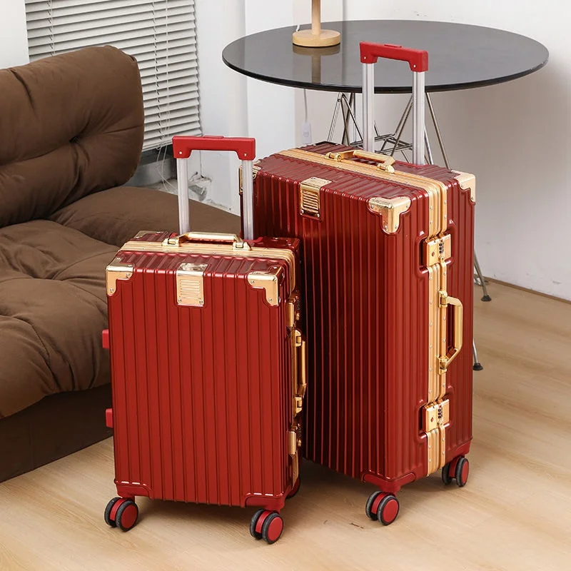 

Red Wedding Suitcase Brideom Accanng Trunk Celebration Password Box Women's Wine Red Pred Box Gold Aluminum Frame ...