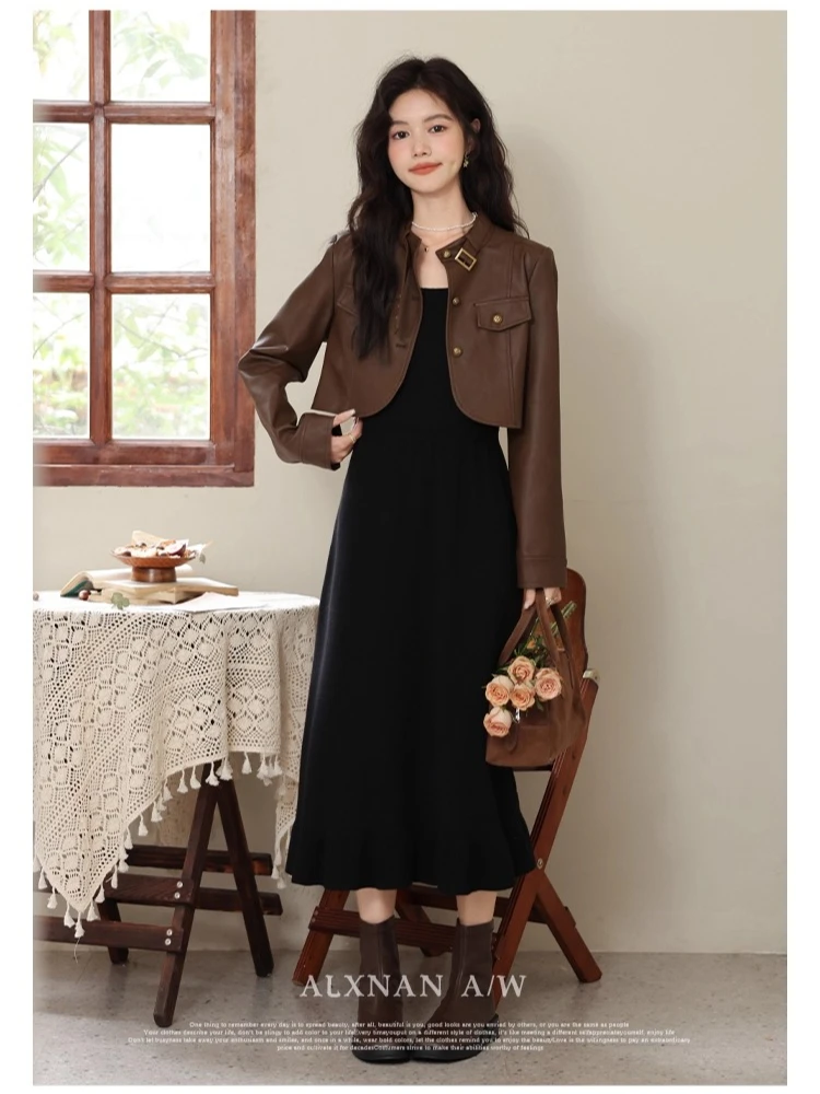 Alxnan casacos de couro marrom feminino curto elegante casual jaquetas de couro 2025 outono inverno manga longa topos feminino lxn32260py