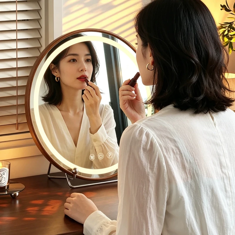 LED Wooden Vanity Mirror, Adjustable Angle Makeup Desk Mirror for Bedroom, Aesthetic Dressing Table Accent for Women & Girls