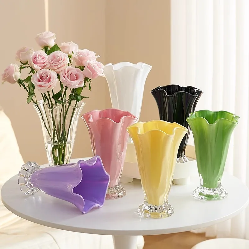 

HYS vase light luxury high-end petal glass decorative flower device living room flower arrangement dining table ornament
