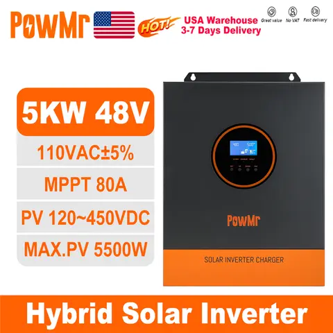 PowMr 5000W 48V 110/120VAC Saída MPPT Inversor Solar Híbrido PV 500VDC Com Controlador de Carregador MPPT 80A Suporte Bateria de Lítio