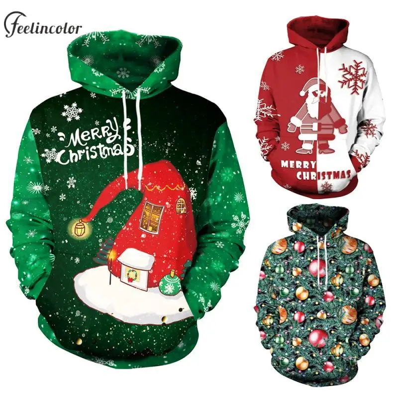 

Santa Hats Ugly Christmas Hoodies for Men Xmas Tree Printed Sweatshirt Holiday Party Pullover with Pocket Autumn Couple Clothing