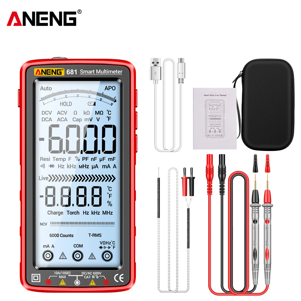 ANENG 681 Smart Anti-burn Rechargeable Multimeter True RMS Multimetr Voltage Tester Hz Ohm Diode Meter with LCD Screen Sheath