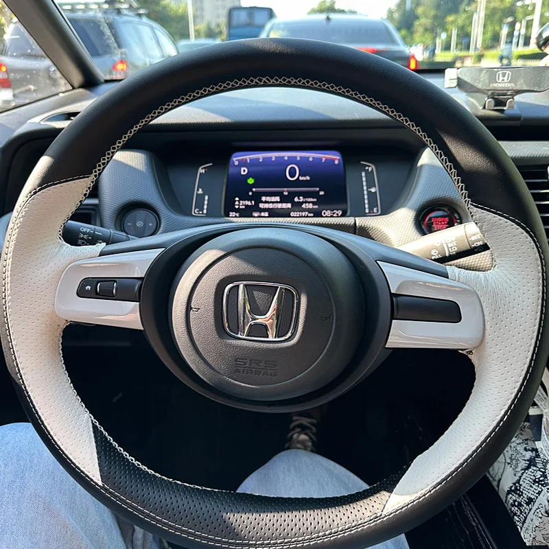 For Honda 4th Jazz FIT 21-24 LIFE Hand Sewn Needle Thread Car Steering Wheel Cover Interior Car Accessories Leather Protection