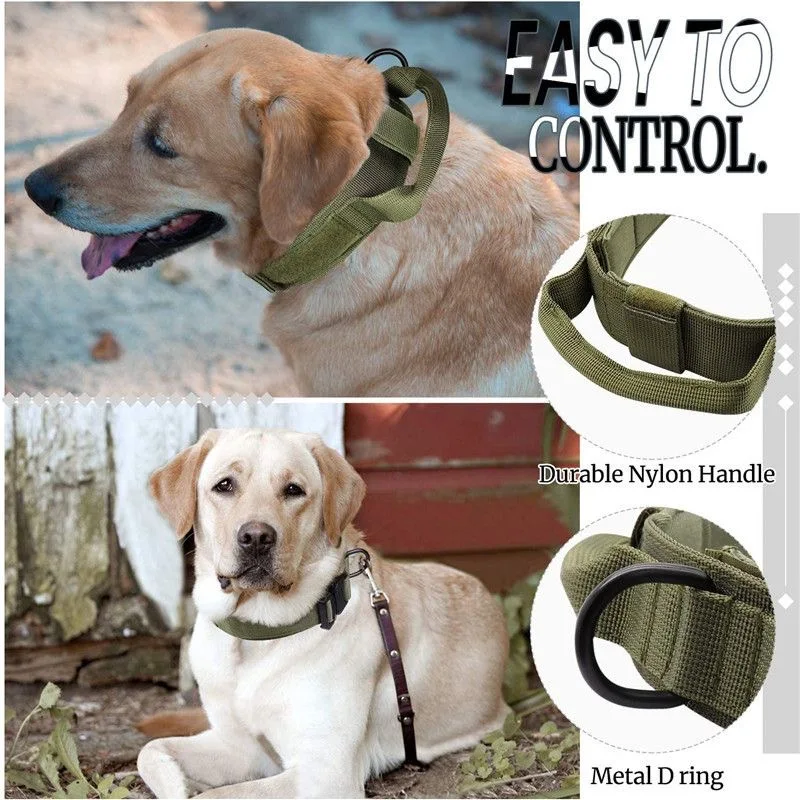 Military Tactical Dog Collar, Adjustable Soft Nylon, Outdoor Training, K9 Collar with Handle and Metal