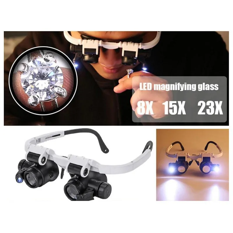 

2XLED Watch Jeweler Repair Magnifier Head-Mounted Headband Adjustable Magnifying Head Eye Glasses Loupe Lens 8X 15X 23X