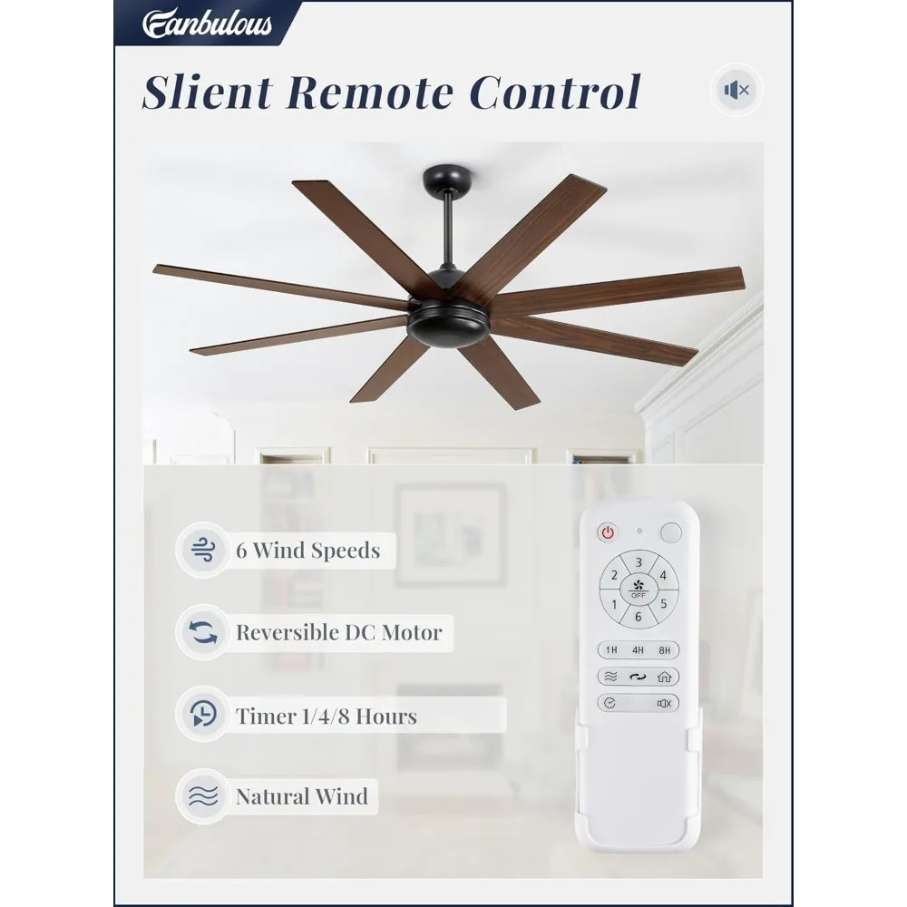 พัดลมเพดาน 65 นิ้วไม่มีแสงพร้อมรีโมท พัดลมเพดานในร่ม/กลางแจ้งสีดําไม่มีแสงพร้อมมอเตอร์ DC แบบพลิกกลับได้เงียบ