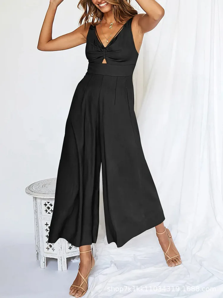 

New Fashion Versatile Summer Suspender V-Neck Hollow Pleated High Waist Wide Leg Pocket Women's Jumpsuit