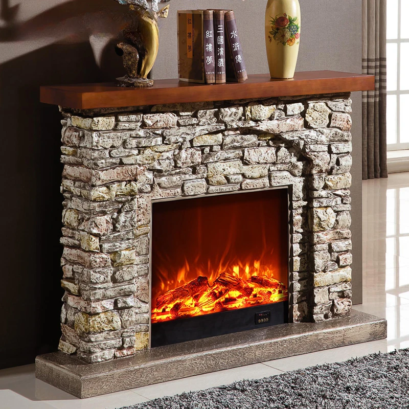 Dingmei European Style Fireplace Vintage Imitation Stone Fireplace Mantel Simulation Flame Heating Stove Heart