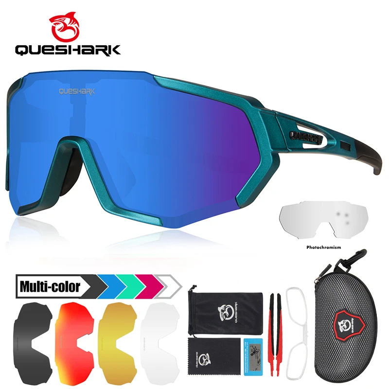 QUESHARK Men Women Photochromic Polarized 6 Lens Set Cycling Sunglasses Sports MTB Bicycle Eyewear Riding Road Bike Glasses QE48