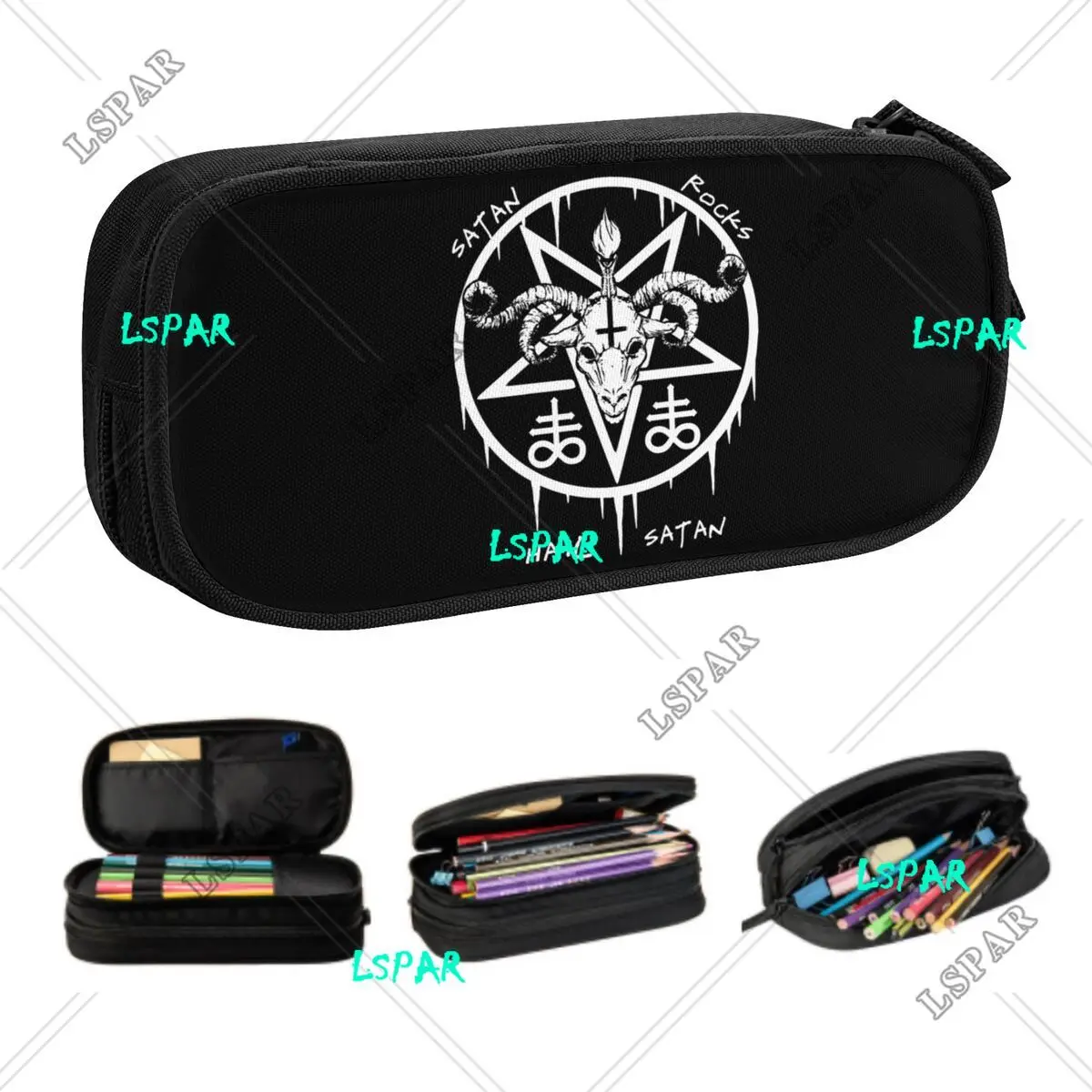 Custom Cute Hail Satan Satan Rocks Pencil Case for Boys Gilrs Large Storage Satanic Occult Baphomet Pencil Bag School Supplies