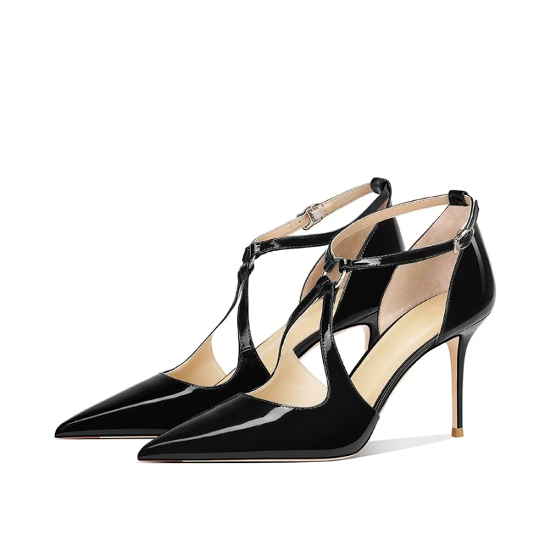 New pointed thin heel temperament leather cross strap sandals, black high heels, women's hollow single shoes