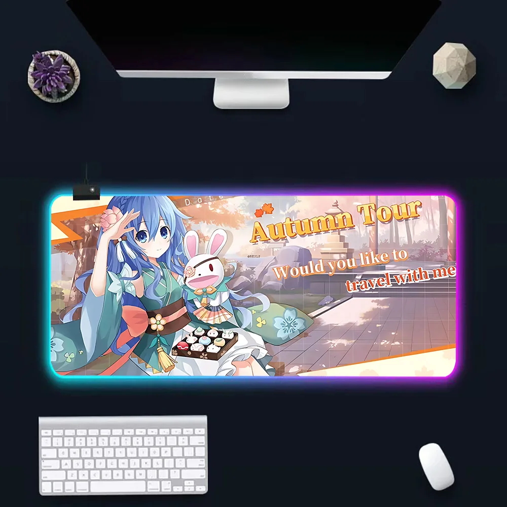 DATE A LIVE Himekawa Yoshino RGB Pc Gamer Keyboard Mouse Pad Mousepad LED Glowing Mouse Mats Rubber Gaming Computer Mausepad