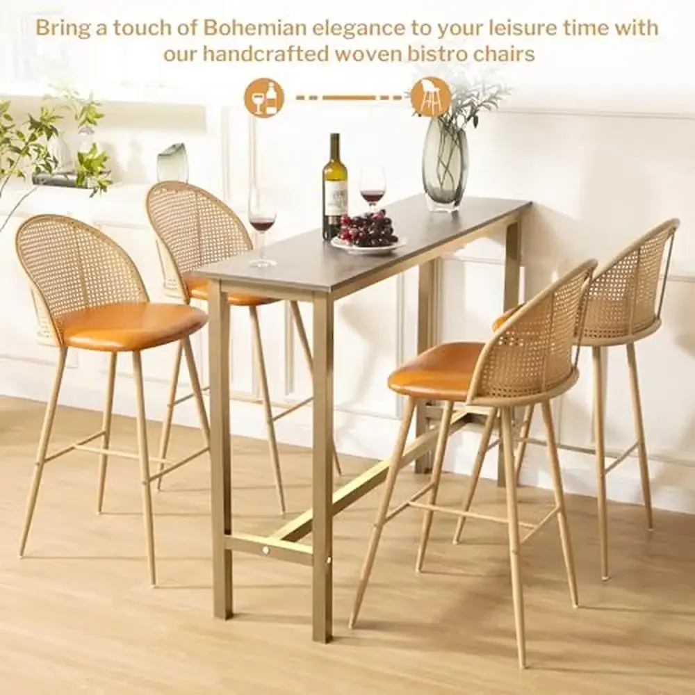 Set Van 4 Boho Rotan Barkrukken Lederen Stoel Rieten Rug Moderne Aanrechthoogte