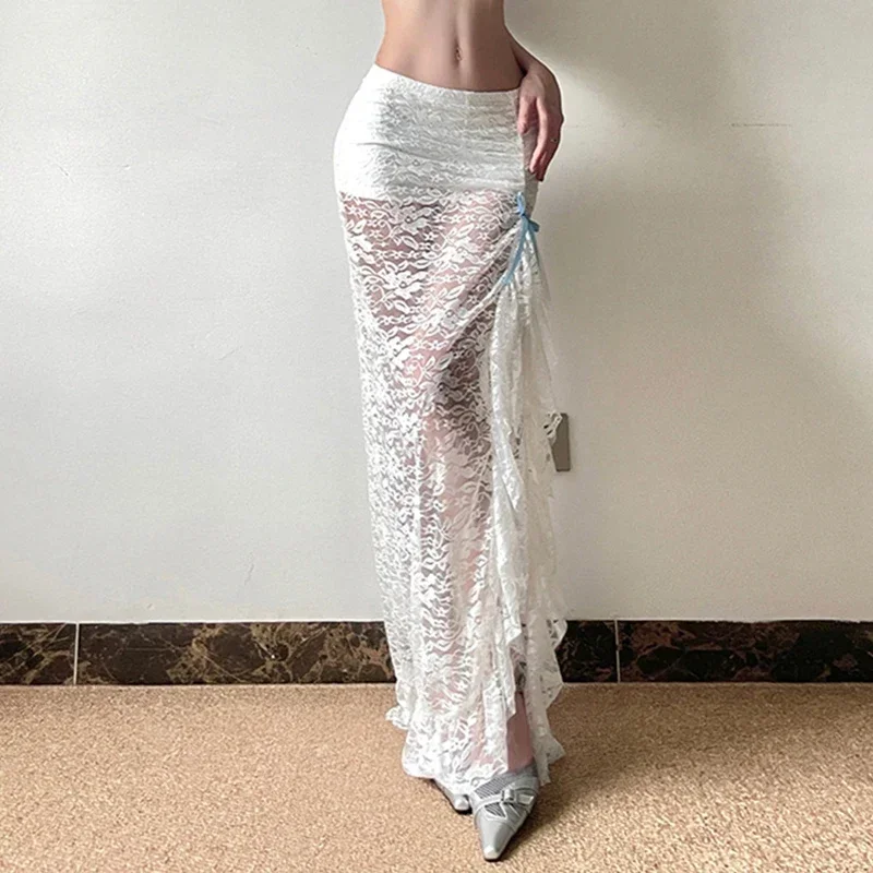

Xingqing White Skirt y2k Women Coquette Clothes See Through Floral Irregular Ruffle Hem Long Skirts Party Skirts Streetwear