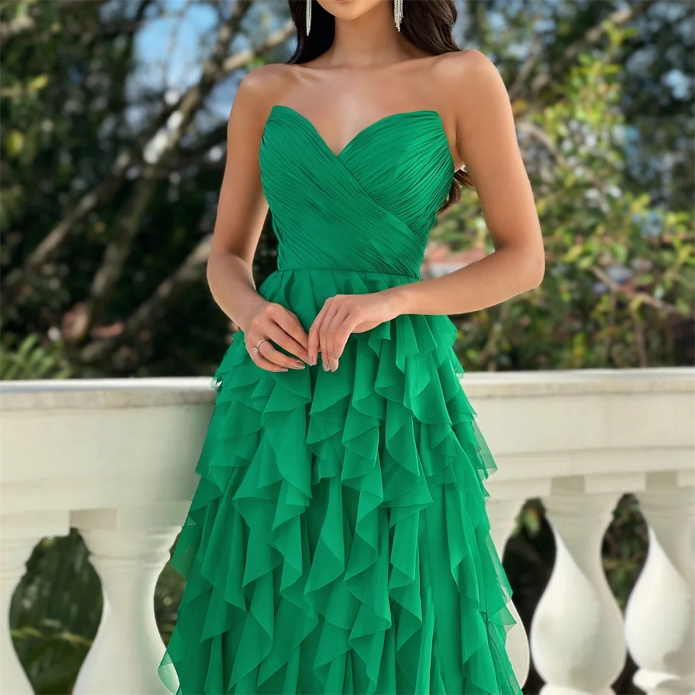 Sweetheart Tiered Ruffles Prom Dresses Chiffon Pleated Corset Sleeveless Backless Formal Evening Gowns A-line Long Ball Gowns