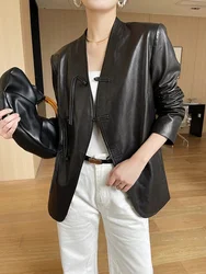 Women's V-neck Genuine Leather Jacket Spring Autumn 2024 Trend Vintage Button Design Simple Soft Black Sheepskin Coat