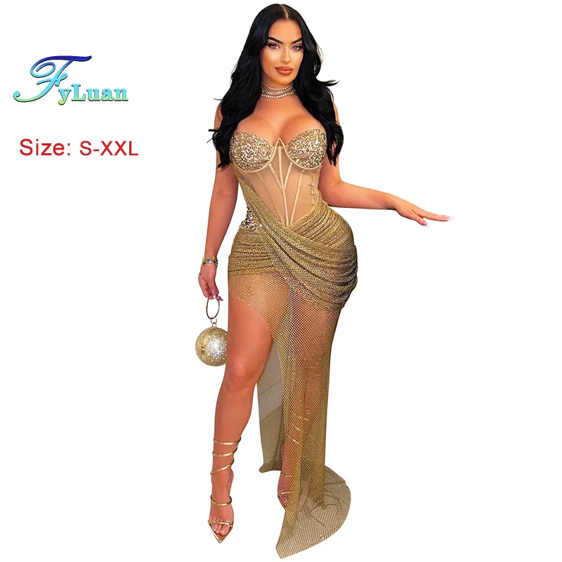 Hermosas faldas irregulares sexis de malla transparente para mujer con hombros descubiertos y espalda descubierta decoración de encaje con cuentas vestido femenino ropa de fiesta de noche