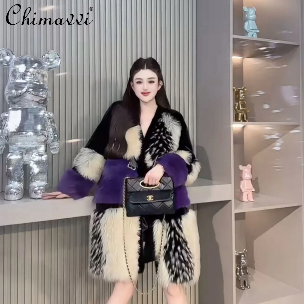 

2025 Winter New High-End Fashion Long Patchwork Color-Block Fur Coat Heavy Leopard Print Loose Elegant Warm Faux Fur Jackets