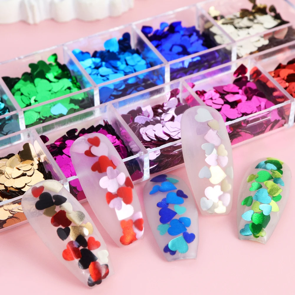 Valentines Day Love Heart Sequins Colorful 3D Nail Charms Romantic Hearts Shape Paillette Mixed Size Nail Decoration Accessories