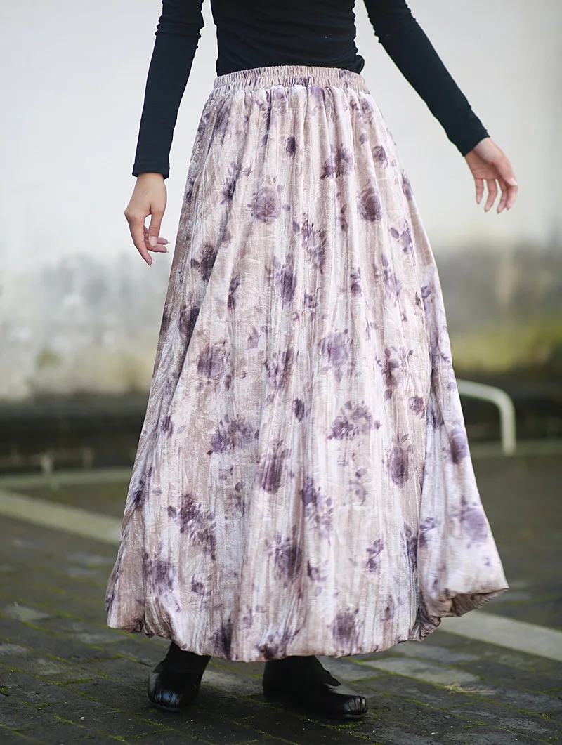 Tiyihailey feminino veludo a linha maxi saia cintura elástica saia de veludo com bolso longo maxi outono inverno lavagem de tinta tie-dye