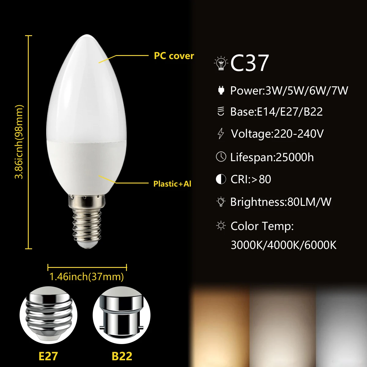 Imagem -05 - Peça Lâmpada de Vela Led C37 3w Quente Branco Branco Frio Luz do Dia B22 E14 E27 Ac220v240v 6000k para a Decoração de Casa Lâmpada 20