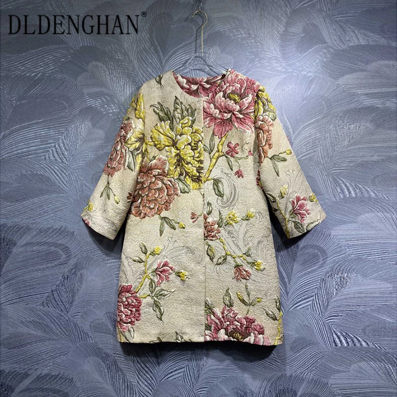 DLDENGHAN Beading Jacquard Covered Button Vintage Coat For Women O-Neck Long Sleeves Outerwear Autumn Winter New