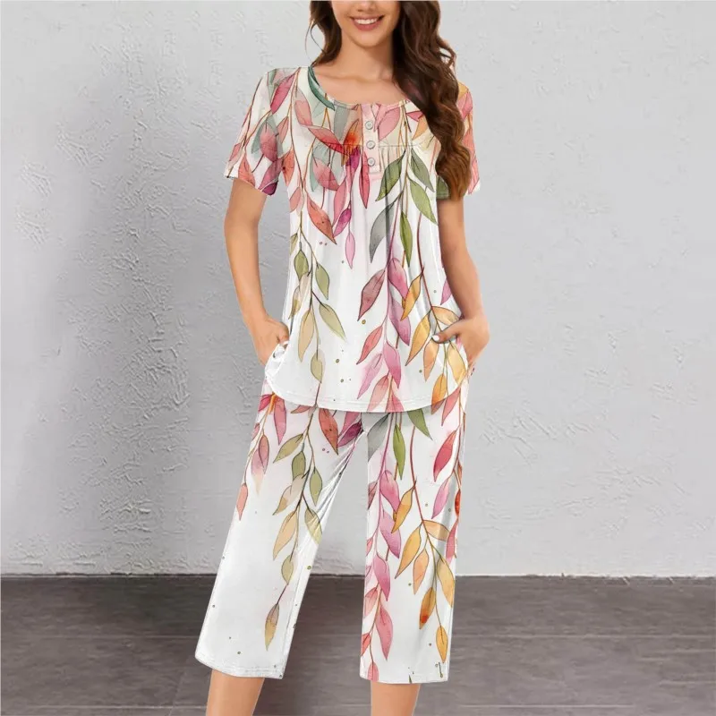 2024 New Printed Suits Ladies Short Sleeve Button Tops And Elastic Waist Calf-length Trousers Spring Summer Homewear Casual Suit