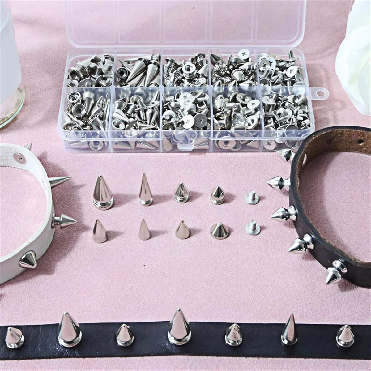 354 Stück Punk Spikes und Nieten Kit,8 Größe Kegel Spikes, Metall Baum Spikes Nieten für Leder handwerk und Punk-Stil Kleidung