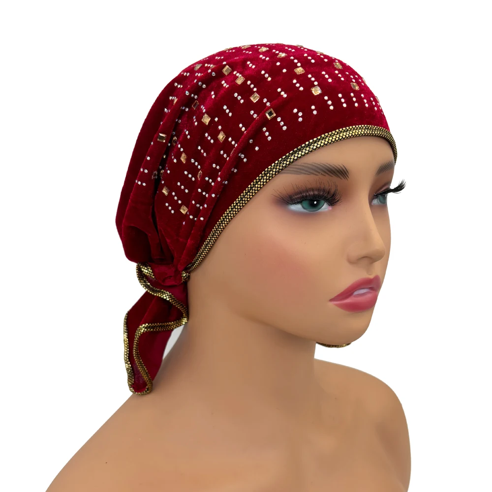 Diamonds Velvet Turban Caps for Women Big Flower Muslim Headscarf Bonnet Female African Head Wraps Winter Head Cover Hat