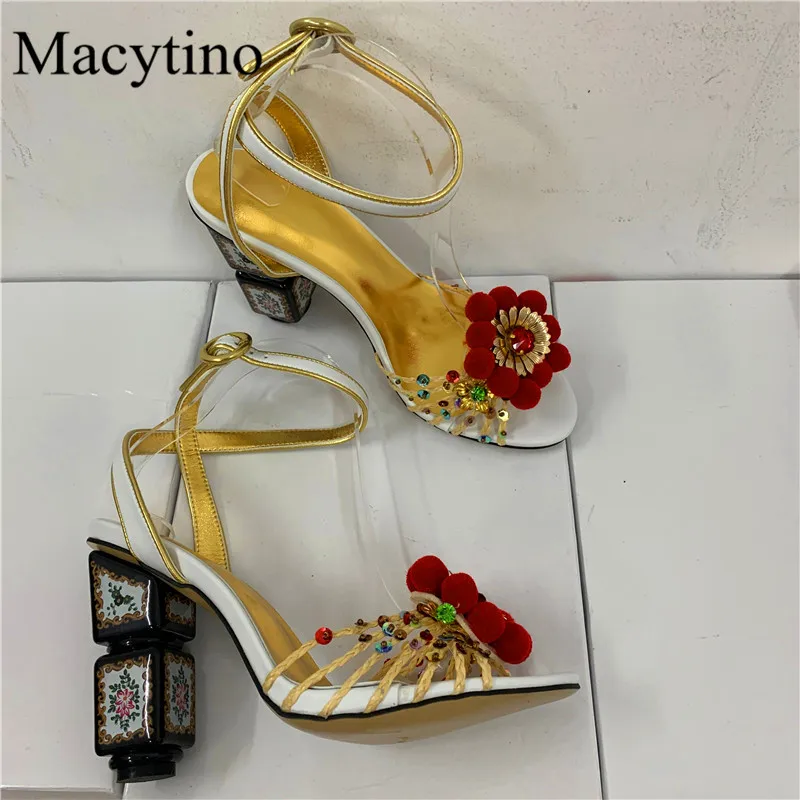 Building Block Heel Design Ladies Slippers Round Toe Flower Decor High Heel Chunky Heel Summer Fashion Party Sandals