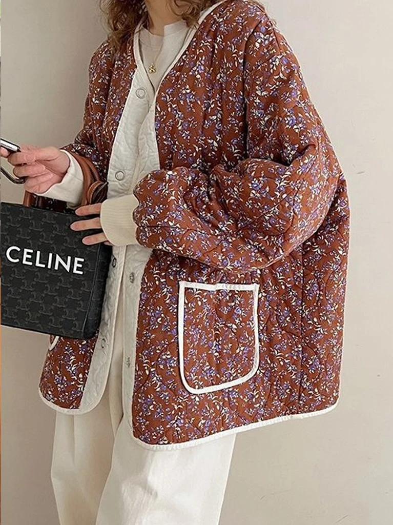 Fall Winter New Product Jacket Women\'s Fashion Versatile Single Breasted Chic Floral Printed Retro Quilted Cotton Coat Outwear