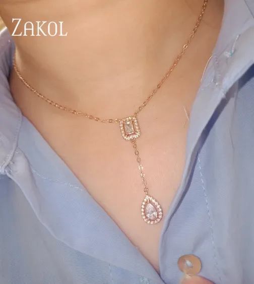 ZAKOLSimple square drop-shaped zirconia pendant Charm necklace fashion jewelry wedding for bride  Gift For Girlfriend FSNP2068