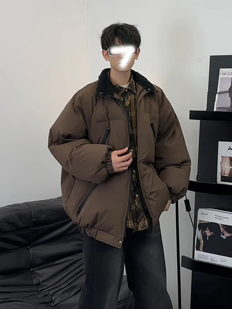 

Men's Thiened Warmth down Jaet Brown American Retro Sle Workwear Outerwear Polyester Fiber Windproof Zipper Closure