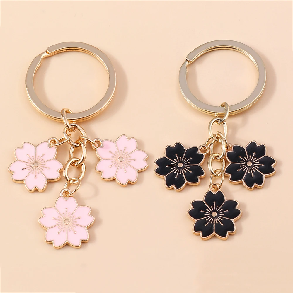 INS Sakura Keychain Sweet Metal Enamel Three Flower Keyring For Women Girls Plant Pendant Wallet Backpack Accessories Jewelry