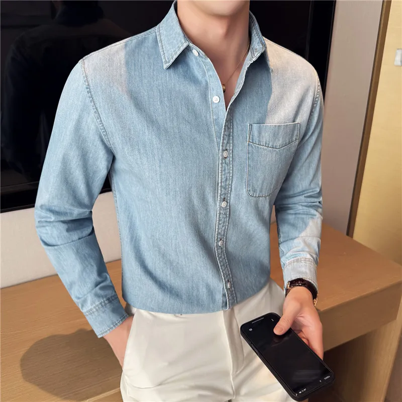Cotton Denim Shirt With Pocket Retro Casual Dark Blue Men Tops Social Long Sleeve Denim Shirt Jacket Spring Men's Clothing 2025