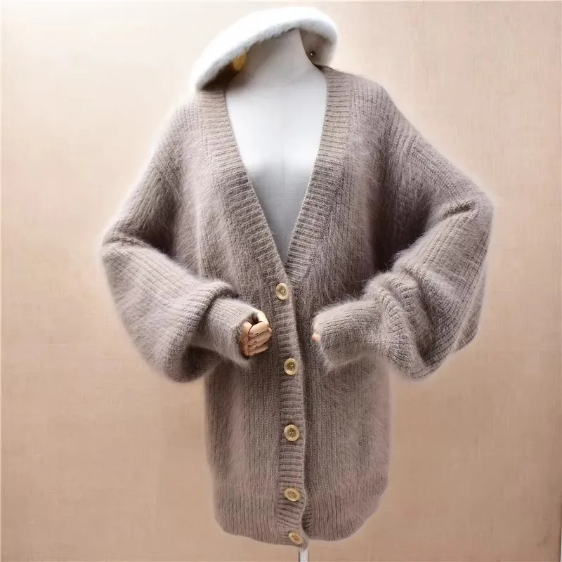 

Ladies Women Fall Winter Clothing Camel Color Mink Cashmere Knitted V-Neck Long Batwing Sleeves Loose Long Sweater Cardigan Coat