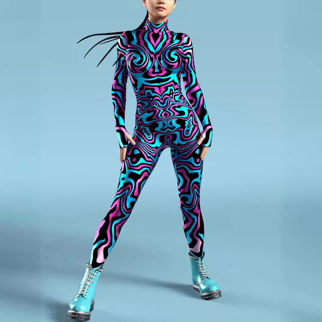 NEW Women Bodysuit Cosplay Fashion 3D Printing Zentai Skinny Long Sleeve Slim Jumpsuit Outfit Halloween Catsuit for Adult Men
