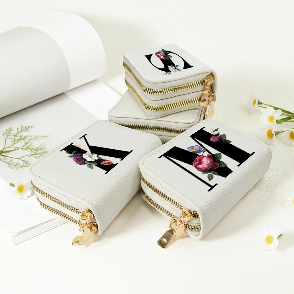 Blumen-Monogramm-Buchstaben Damen Kurze Geldbörse Lychee-Muster Mode Große Kapazität Multi-Kartenfach Münzbörse Mit Reißverschluss