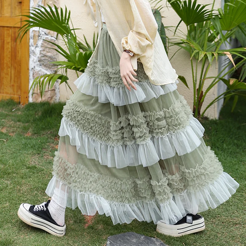 

Романтическая милая многослойная цветная кружевная юбка трапециевидной формы с высокой талией, полиэстеровая марлевая юбка для выпечки, летняя модная