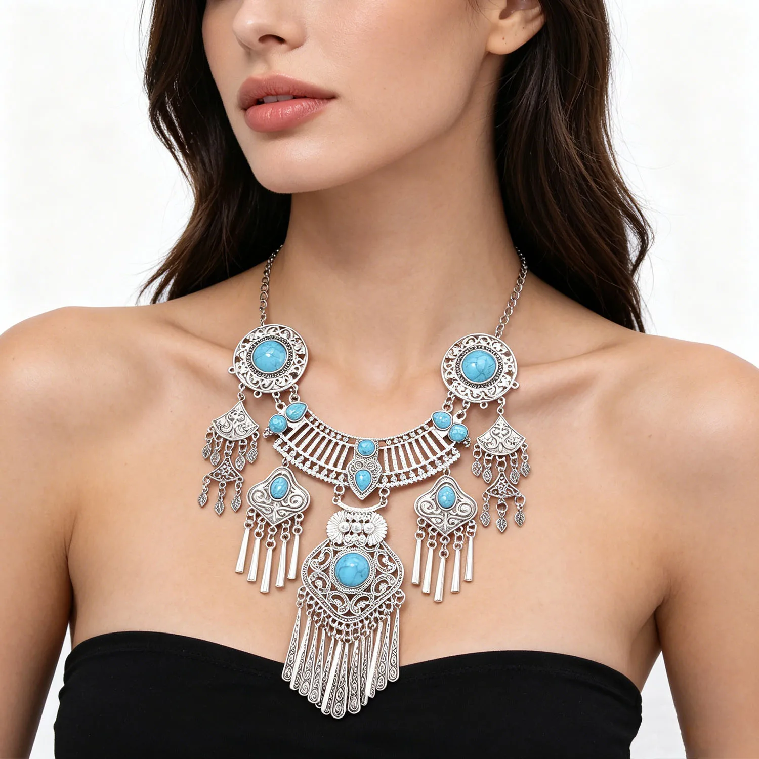 

Antique Silver Gypsy Tribal Ethnic Bib Necklace for Women Geometry Carved Inlaid Turquoise Choker Exaggerate Collar Jewelry