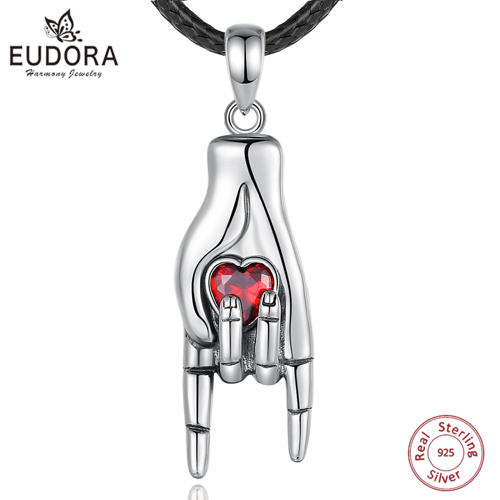 

Eudora 925 Sterling Silver Italian Lucky Hand Pendant for Women Man Vintage Red Zircon Heart Amulet Protection Necklace Gift