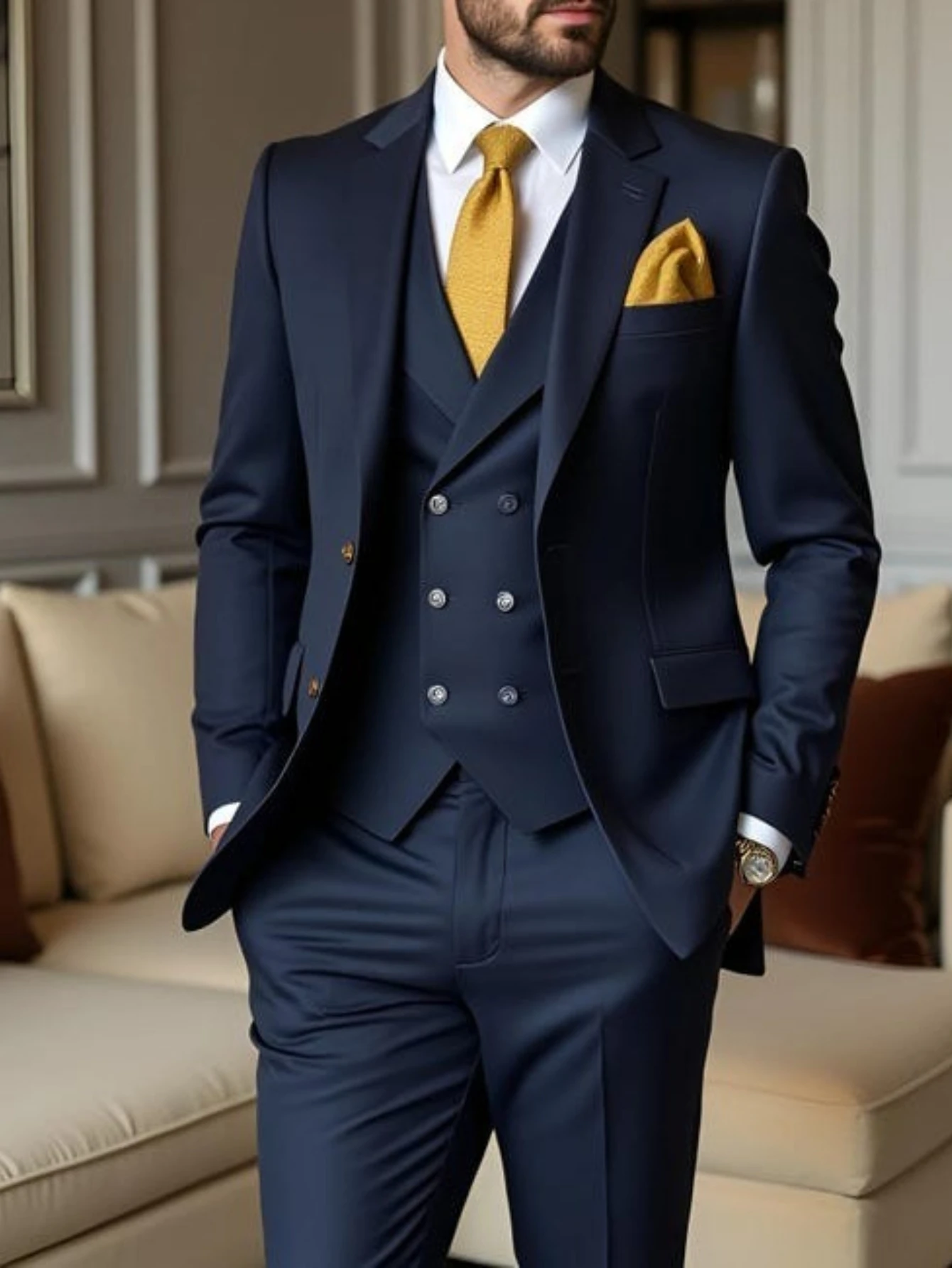 

Modern Dark Blue Three Piece Suit Navy 2-Button Blazer with Double-Breasted Vest Matching Trousers