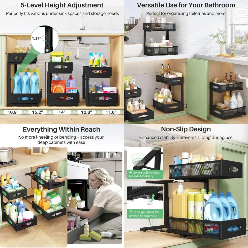 

2-Pack 2-Tier Pull-Out Cabinet Organizer Baskets with Mesh Drawers for Kitchen, Bathroom, and Pantry Storage in Black