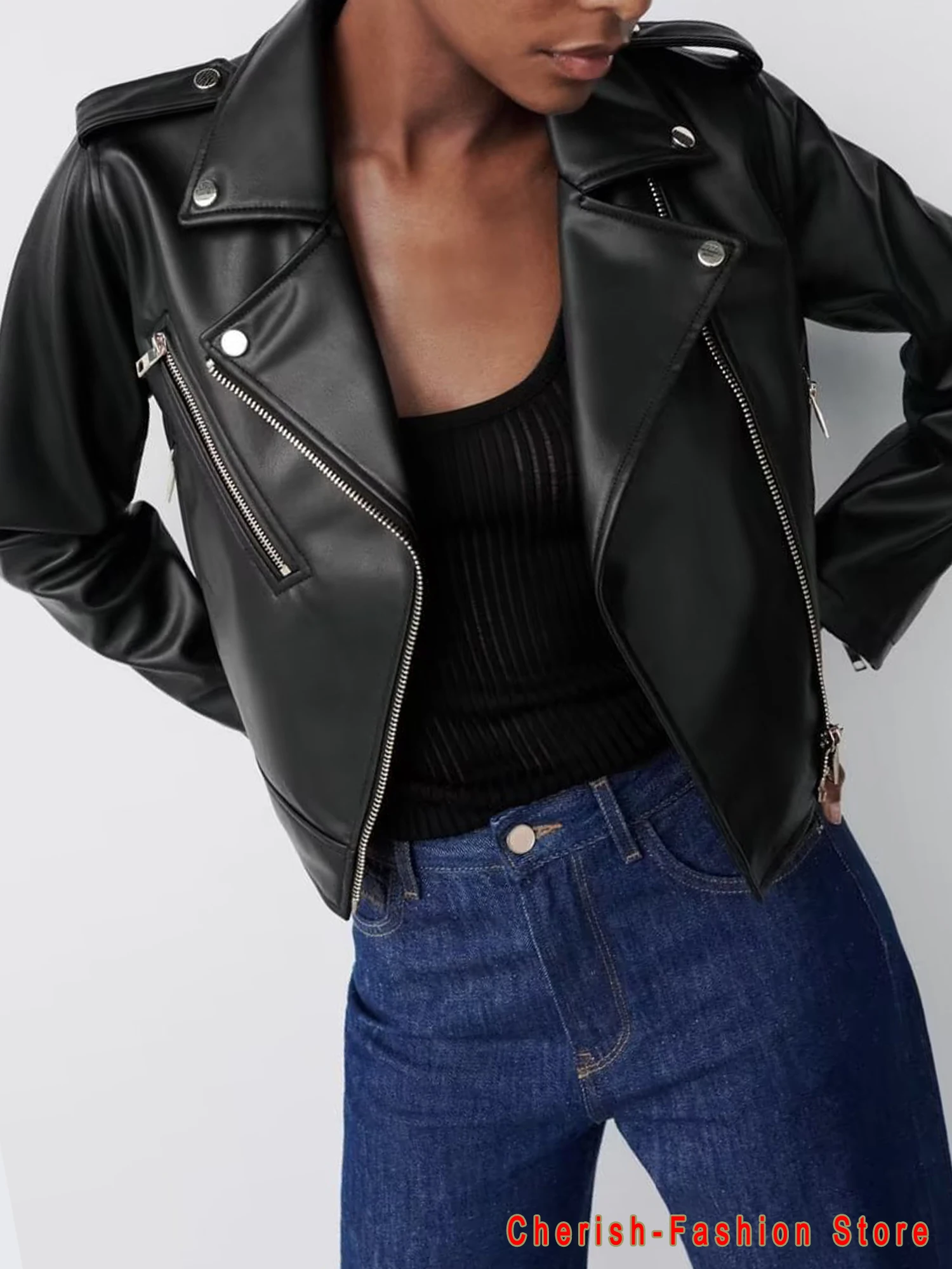 Blouson de motard en similicuir noir avec fermeture éclair, col rabattu, avec ceinture, nouvelle collection printemps-automne
